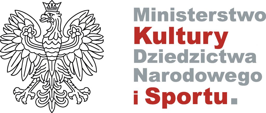 logo z białym orłem i szaro-czerwony napis Ministerstwo Kultury, Dziedzictwa Narodowego i Sportu.