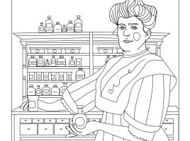 rysunek do pokolorowania - Antonina Leśniewska stoi z flakonikiem w ręku na tle szafki z lekami