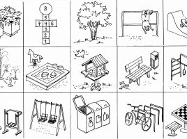 rysunek różnych elementów podwórka: trzepak, ławka, piaskownica, karminik dla ptaków, śmietniki, huśtawki itp.