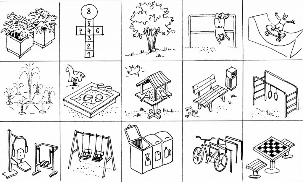 rysunek różnych elementów podwórka: trzepak, ławka, piaskownica, karminik dla ptaków, śmietniki, huśtawki itp.