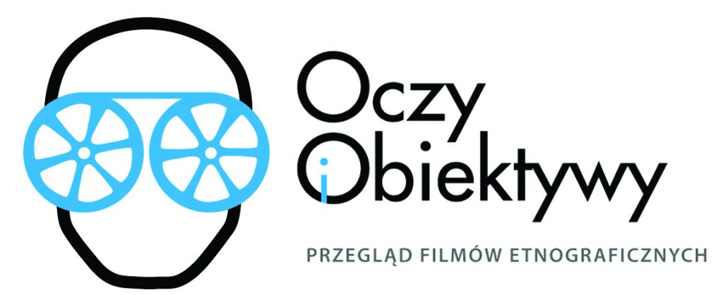 logo przedstawiające schematyczną twarz z rolkami filmu zamiast oczu, napis Oczy i Obiektywy Przegląd filmów etnograficznych