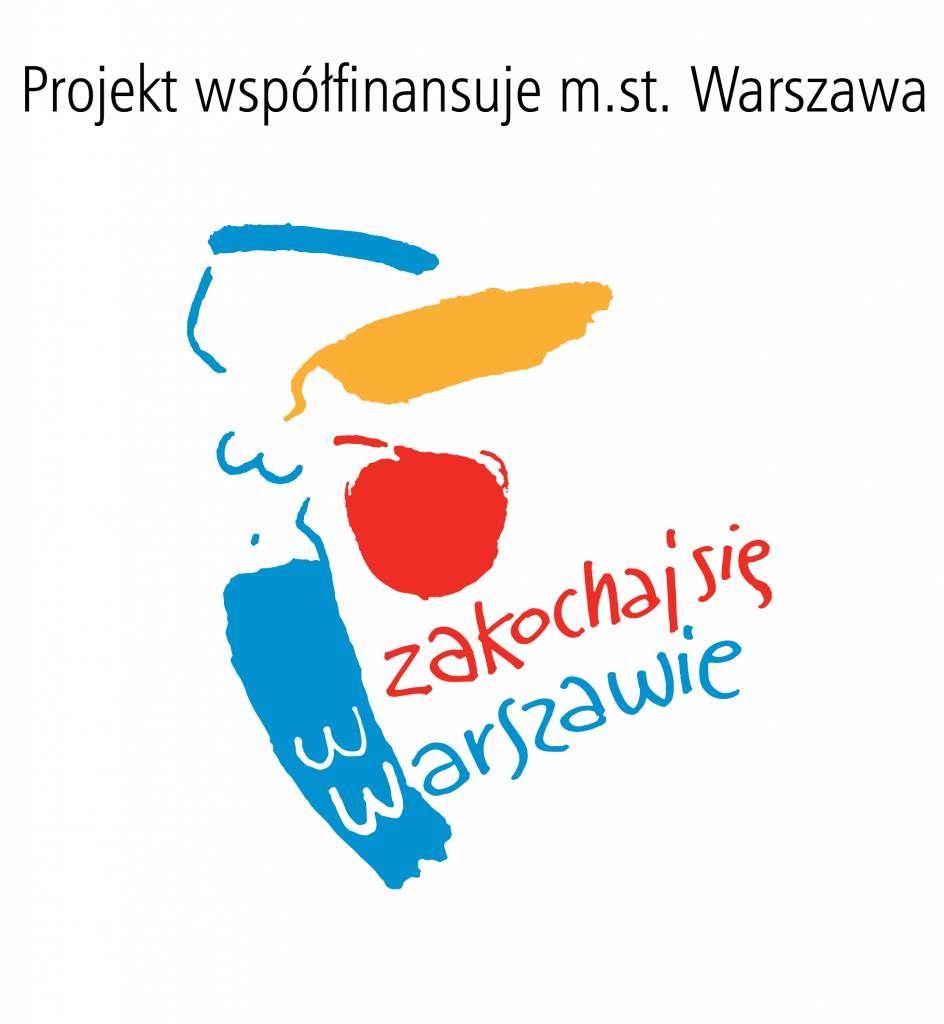 logo syrenki i napis Zakochaj się w Warszawie, w kolorach niebieski-żółty-czerwony na białym tle, na górze czarny napis Projekt współfinansuje m.st. Warszawa
