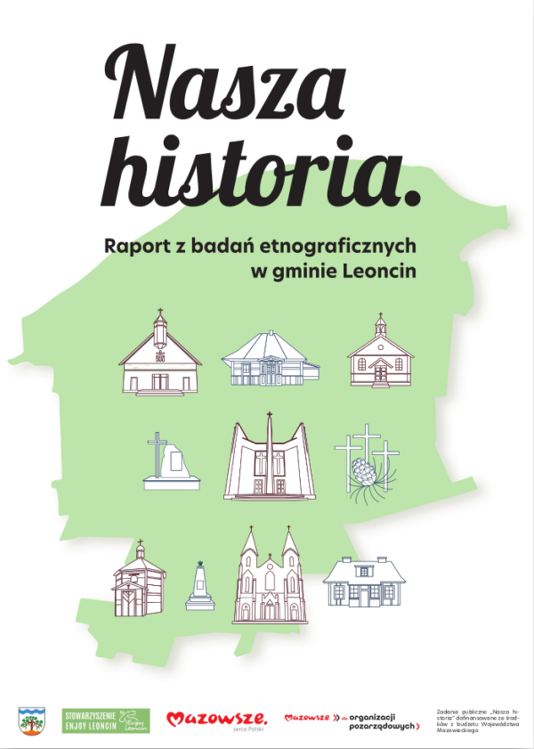 strona tytułowa raportu - zarys gminy Leoncin i przykładowe rysunki ciekawych obiektów, na górze tytuł Nasza historia, na dole logotypy