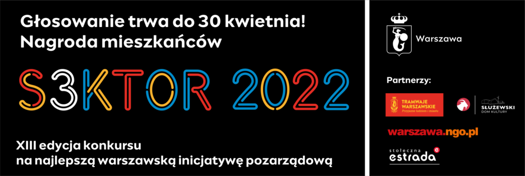 na czarnym tle logo konkursu - kolorowy napis S3EKTOR 2022 przypominający neon, informacje o terminie głosowania i logotypy partnerów 