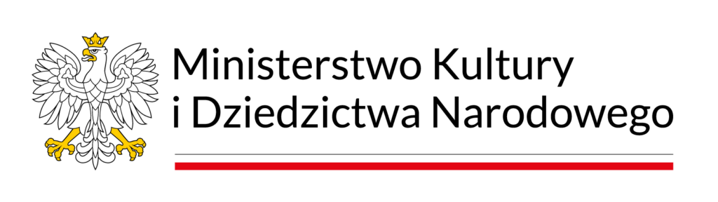 logo z białym orłem, biało-czerwony poziomy pas i czarny napis Ministerstwo Kultury i Dziedzictwa Narodowego