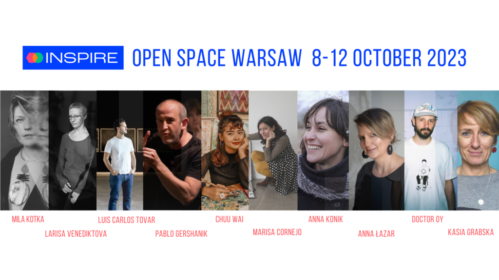 10 zdjęć twarzy podpisane na dole imionami i nazwiskami, na górze niebieski napis Inspire open space Warsaw 8-12 October 2023