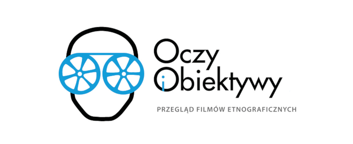 logo przedstawiające schematyczną twarz z rolkami filmu zamiast oczu, napis Oczy i Obiektywy Przegląd filmów etnograficznych