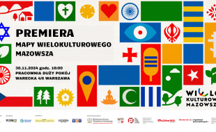 Grafika przedstawia różne symbole związane z wielokulturowym dziedzictwem Mazowsza.