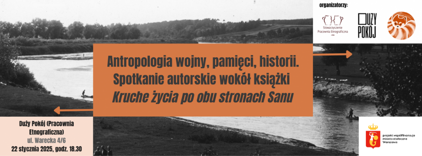 Grafika promocyjna z czarno-białym zdjęciem rzeki w tle