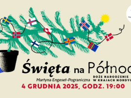 Plakat przedstawia choinkę, na której zamiast ozdób zawieszone są flagi krajów nordyckich.