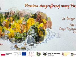 Akwarela z jesiennym krajobrazem, wodospadem i budynkami wśród drzew.