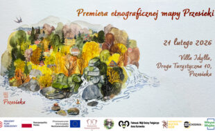 Akwarela z jesiennym krajobrazem, wodospadem i budynkami wśród drzew.