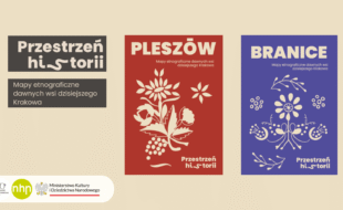 Plakat przedstawia okładki dwóch map dawnych wsi dzisiejszego Krakowa - Pleszowa i Branic.