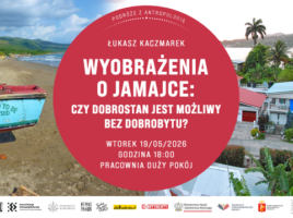 Plakat zawiera dwa zdjęcia z Jamajki. Po lewej znajduje się niebieska łódź na brzegu z napisem "Too blessed to be stressed", a zdjęcie po prawej przedstawia osiedle domów jednorodzinnych z lotu ptaka.