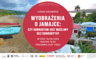 Plakat zawiera dwa zdjęcia z Jamajki. Po lewej znajduje się niebieska łódź na brzegu z napisem "Too blessed to be stressed", a zdjęcie po prawej przedstawia osiedle domów jednorodzinnych z lotu ptaka.