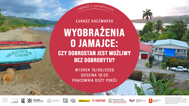 Plakat zawiera dwa zdjęcia z Jamajki. Po lewej znajduje się niebieska łódź na brzegu z napisem "Too blessed to be stressed", a zdjęcie po prawej przedstawia osiedle domów jednorodzinnych z lotu ptaka.